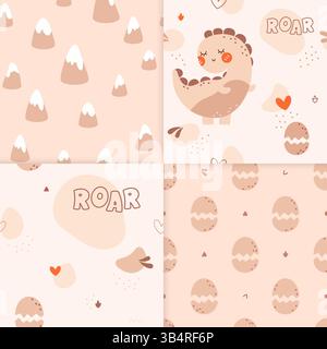 A set of four kawaii kids seamless patterns drawn in neutral pastel bohemian colors featuring dinosaurs, mountains with snow peaks, hearts, monster eggs and color spots. Stock Vector