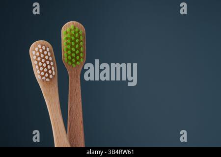 Two wooden toothbrushes with green and white shields on a blue background. Environmental friendliness. Stock Photo