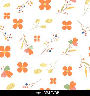 seamless pattern with cute orange flowers, and colorful twigs leaves. Stock Vector