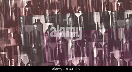 Glass bottles, optical illusion, Patterned background, Abstract. Clay bottles. Multi-layered, blurred. Environmental, alcohol bottles, bar wallpaper Stock Photo