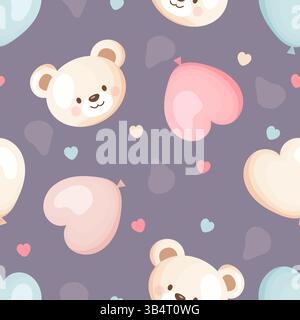 Seamless pattern with teddy bear faces and heart balloons on dusty lilac background Stock Vector