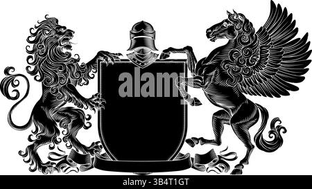Heraldry Crest Lion Pegasus Coat Of Arms Shield Stock Vector