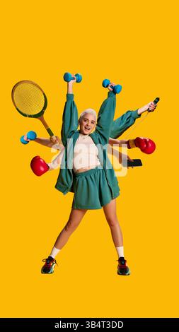 Excited young woman with dumbbells, jump rope, boxing gloves, tennis racket and phone in multiple hands against bright yellow background. Stock Photo
