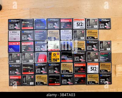 Old storage medium Compact flash memory cards were mostly used in digital cameras, low storage capacity, slow write and read speeds, models from vario Stock Photo