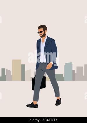 A man in a suit is walking down a city street  Stock Vector