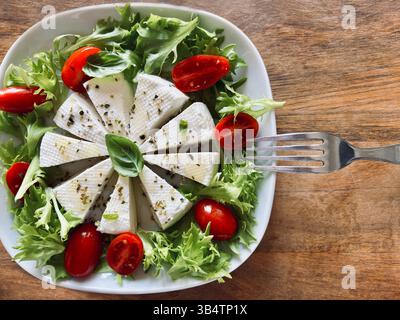 "Primosale", typical sicilian pecorino cheese. Fresh cheese with vegetables and basil leaf, olive oil on a white plate wooden background. Stock Photo