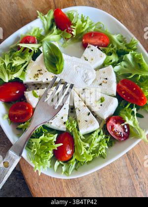 "Primosale", typical sicilian pecorino cheese. Fresh cheese with vegetables and basil leaf, olive oil on a white plate wooden background. Stock Photo