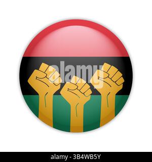 Black history month celebration glossy pin badge with red, black, green colored flag and raised fists. Vector illustration Stock Vector