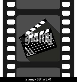 Clapperboard, film slate icon in movie filmstrip. Cinema movie icon symbol. Vector illustration Stock Vector