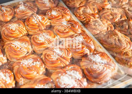 Swedish kanelbulle national cinnamon pastry in Stockholm on display at a coffee shop Stock Photo