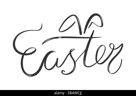 Happy Easter hand drawn calligraphy with Easter bunny ears. Brush lettering. Vector illustration Stock Vector