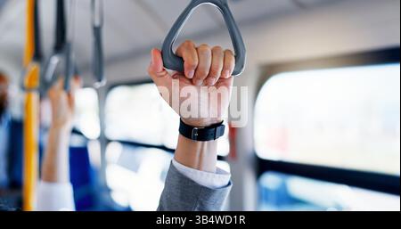 Public transport hands, safety handle and railing loop on bus, train ...