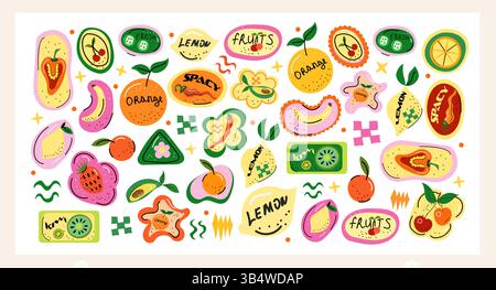 Trendy fruit sticker set with bold lettering and vibrant colors hand-drawn labels with lemons, oranges, kiwis, cherries and juicy tropical vibes Stock Vector