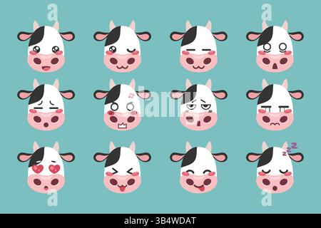 Cute cow character manga emoji set. Cow animal cartoon mascot emoji icons. Vector illustration Stock Vector