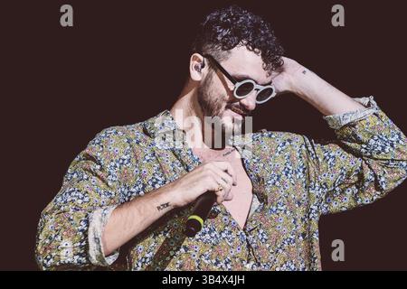 July 12, 2018, Rome, Italy: Carl Brave Carlo Luigi Coraggio performs live on stage at Rock in Ippodromo delle Capannelle, Rome. (Credit Image: © Valeria Magri/SOPA Images via ZUMA Press Wire) Stock Photo