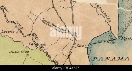 Map excerpt from the Panama Canal Zone showing the 'Tumba Muerta' trail, 1911. The trail is located outside Panama City, marking an area that would later be known as 'Tumba Muerto.' Stock Photo