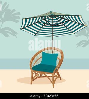 Rattan chair under striped umbrella on the beach Stock Vector