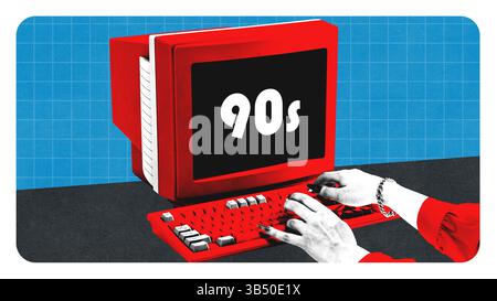 Bold red computer with classic keyboard displays 90s on screen in graphic retro poster. Stock Photo