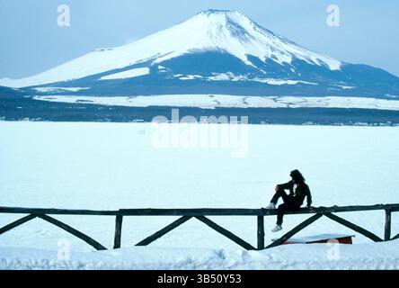 Japan. Hakone. Mount Fuji & frozen Lake Ashi. Stock Photo