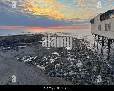 Aberystwyth pier and seafront at dusk, Ceredigion, Wales Stock Photo