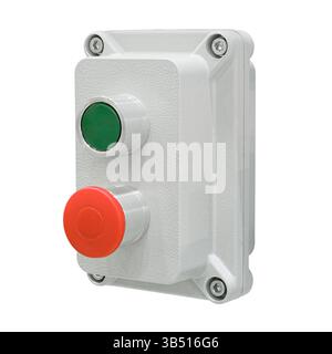 Grey control panel with red and green electric buttons, isolated on white background Stock Photo