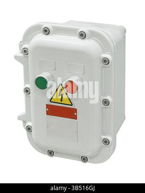 Grey control panel with red and green electric buttons, isolated on white background Stock Photo