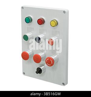 Grey control panel with assorted red, green, yellow and black electric buttons and switches, isolated on white background Stock Photo
