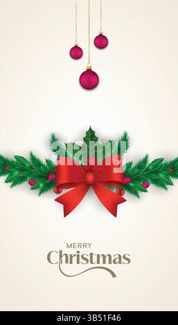 Christmas greeting with ornaments and bow | Happy Merry Christmas Stock Vector
