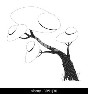 Savanna tree with thick canopies and twisting trunk 2D line object Stock Vector