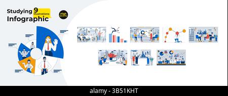 Corporate studying infographics cartoon flat illustrations mega bundle Stock Vector