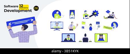 Software development characters cartoon flat illustrations mega bundle Stock Vector