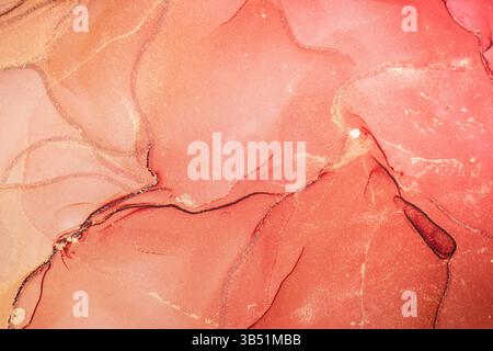 Beautiful romantic marble surface in red, purple and pink tones with glitter effect. Modern abstract stone background. Stock Photo