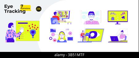 Eye tracking and UX testing technology cartoon flat illustrations mega bundle Stock Vector