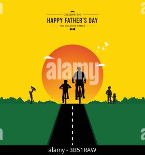 Father’s Day Poster | Silhouetted Father and Child Biking at Sunset with Happy Father’s Day Message Stock Vector