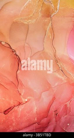 Beautiful romantic marble surface in red, purple and pink tones with glitter effect. Modern abstract stone background. Stock Photo