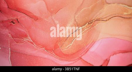 Beautiful romantic marble surface in red, purple and pink tones with glitter effect. Modern abstract stone background. Stock Photo