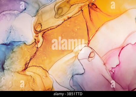Colorful marble surface in orange, blue and pink tones with glitter effect. Modern abstract stone background. Stock Photo
