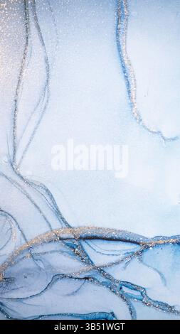 Marble surface in blue tones with glitter effect. Modern abstract stone background. Stock Photo