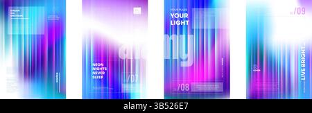 Colorful prismatic fractal glass texture with neon gradient and soft blur effect. Abstract vertical lines, glowing aura and fluid distortion. Modern vibrant vector bg for tech, music or UI design. Stock Vector