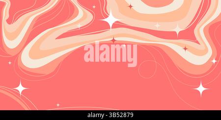 Cartoon Squiggle Wavy Lines and Sparkling Stars on Pink Background. Retro swirls and fluid waves. Perfect for futuristic prints, party and space Stock Vector
