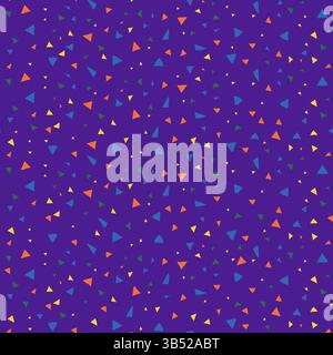 Tiny Colorful Triangles on Purple Background. Fun seamless confetti pattern. Abstract geometry texture. Youthful celebration design. Stock Vector