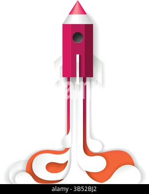 Space paper cut, rocket launch and galaxy space planets. Cartoon vector ...