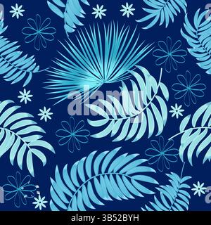 Seamless pattern with decorative blue leaves and flowers. Tropical vector background, jungle wallpaper. Stock Vector