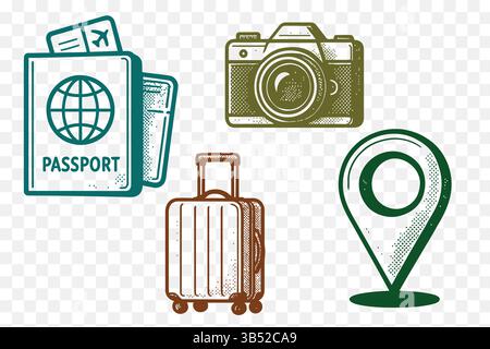 Vector Illustration Set of Travel and Tourism Essentials – Suitcase, Camera, Passport with Ticket, and Location Pin Icons Stock Vector