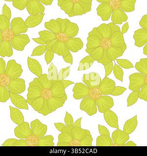 Vector seamless pattern with green flowers, light background. Botanical art illustration for wallpaper, wall decoration, fabric, textile, cards. Stock Vector
