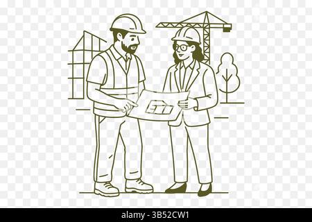 Minimalist Line Art Illustration of a Construction Worker and an Architect Discussing Blueprints On-Site – Architecture and Building Scene Stock Vector
