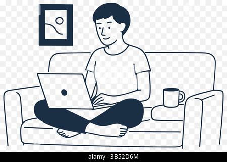 Sitting Cross-Legged on a Sofa, Working on a Laptop with a Cup of Coffee – Minimalist Home Office Scene Stock Vector