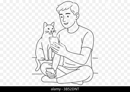 Minimalist Line Art of a Young Man on a Video Call with a Cat Sitting Beside Him – Modern Digital Lifestyle Scene Stock Vector
