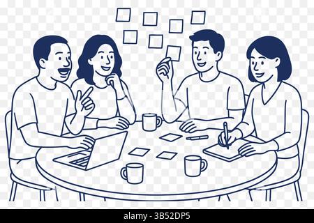 Line Art Illustration of a Diverse Group of Colleagues Brainstorming at a Round Table – Teamwork & Collaboration Scene Stock Vector