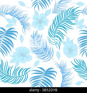 Seamless vector pattern of blue tropical  leaves of palm tree and flowers. Botany background, jungle  wallpaper. Stock Vector